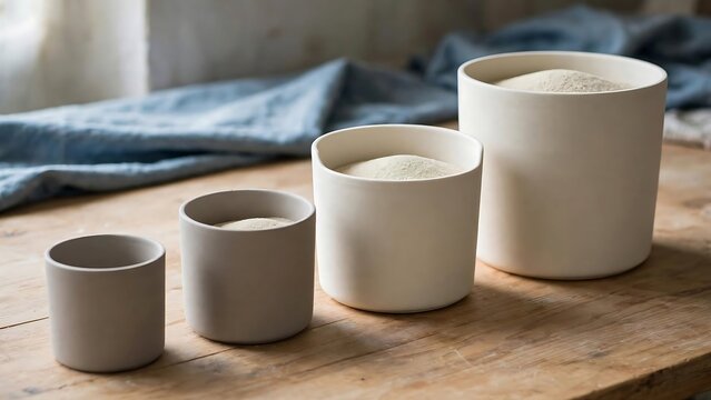 White Ceramic Containers With Powder in Graduated Sizes