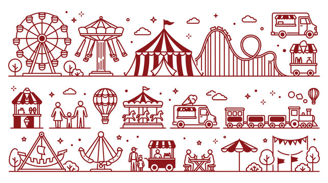 Amusement park line icons with carnival rides and food stalls for festival event graphics.