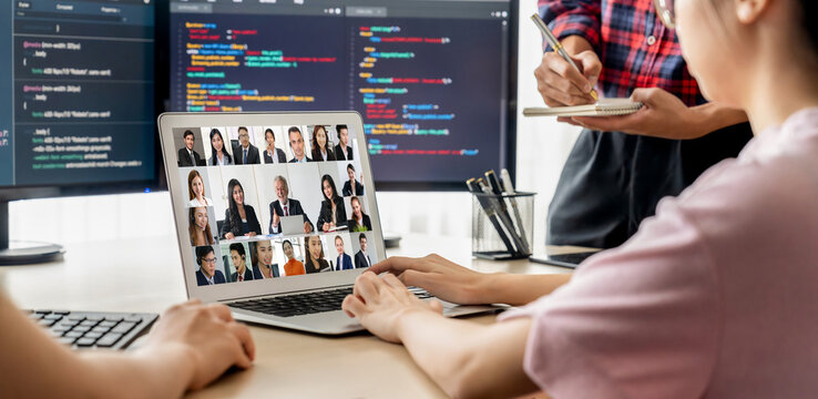 Business people on video conference for brisk virtual group meeting of corprate business office workers
