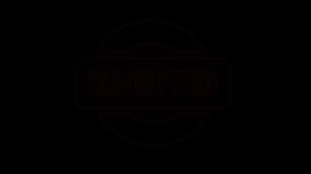 Glowing red neon rejected stamp badge flickering animation isolated on black background, decline and error symbol motion graphic loop.