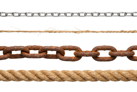 Various horizontal rows of steel chain thin twine rusted iron chain and thick twisted rope