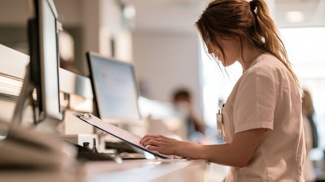 Clinic Receptionist Checking In Patient at Medical Front Desk