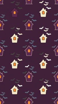 Flat vector pattern of tiny haunted house silhouettes with glowing windows and floating bats on a dark plum background.