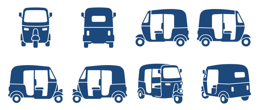 Auto rickshaws and tuk-tuks in blue and white. Indian three-wheeler vehicles. Tuk-tuk, Bajaj, auto-rickshaw, passenger transport. Vector illustration.
