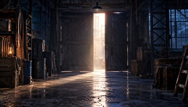 Open warehouse doors with sunlight entering a dark industrial interior