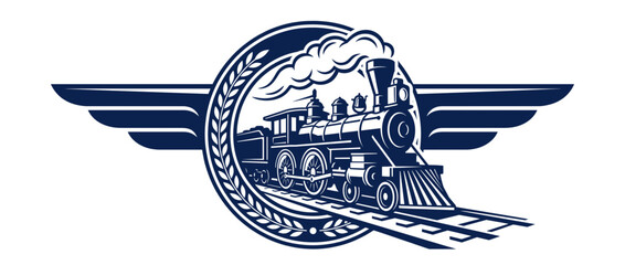 Vintage steam locomotive emblem with wings. Classic train symbol design. Locomotive, wings, wreath, clouds. Retro branding for railroads, aviation. Vector illustration. © coohak