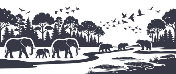 African elephants family near water. Wildlife herd in savanna landscape. Elephants, bears, birds. Black and white vector illustration. © coohak