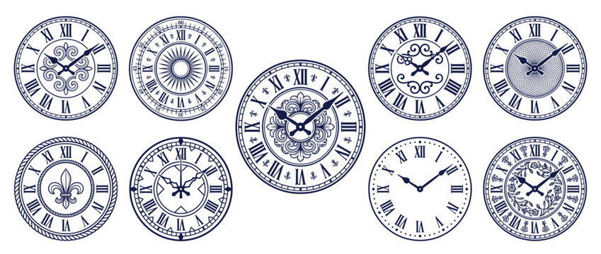 Vintage clock faces with Roman numerals. Antique timepieces and watch designs. Pocket watch, grandfather clock, wristwatch, alarm clock, cuckoo clock, wall clock, ship clock, sundial, hourglass.