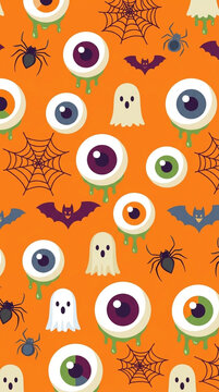 Playful pattern of floating eyeballs with colorful irises and stylized green slime drips on an orange background.