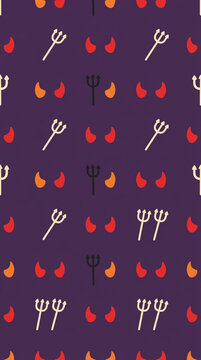 Minimalist repeating pattern of tiny red devil horns and simplified pitchfork icons on a dark purple background.