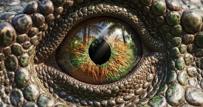 Extreme Close Up of Reptile Eye Reflecting a Sunny Forest Landscape