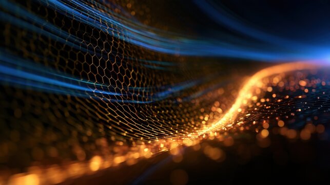 Abstract blue and golden light waves flowing over a hexagonal mesh grid on a dark background, technology and data network concept design art