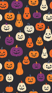 Simplified flat vector pattern of various pumpkin shapes including tall, round, and squashed varieties.