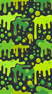 Whimsical pattern of abstract green slime drips and floating bubbles in a playful, spooky-cute aesthetic.