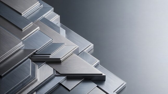 Abstract industrial design featuring stacked brushed metal plates with sharp geometric edges in cool gray tones