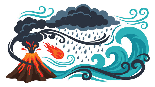 Natural disaster landscape with erupting volcano and tidal wave.