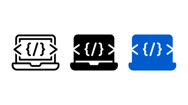 Web development vector icon design set featuring laptop computers with code