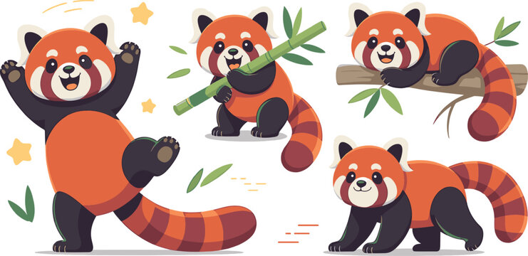 red panda cute, collection of cute red pandas depicted in various playful poses including eating bamboo and resting on a wooden branch