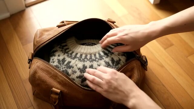 Hands unzipping vintage leather travel bag and taking out a warm patterned wool sweater on floor