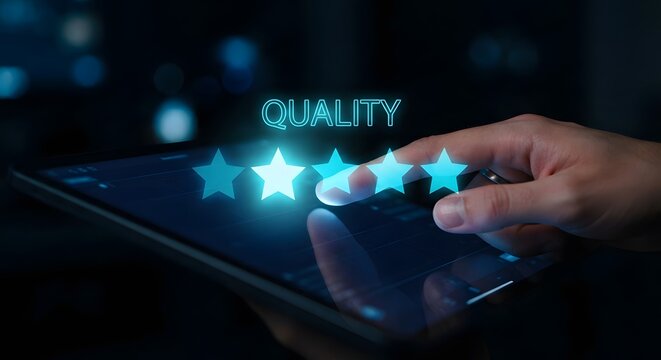 User giving five star rating on digital tablet display with glowing blue quality text for customer satisfaction feedback