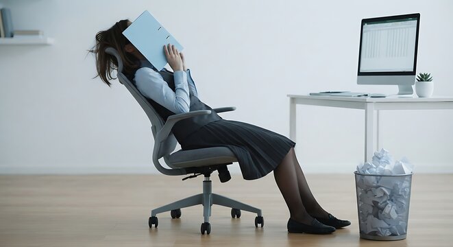 Exhausted female employee sits at her desk covering her face with a binder because of too much pressure from ongoing corporate tasks and overwhelming daily schedule requirements within the