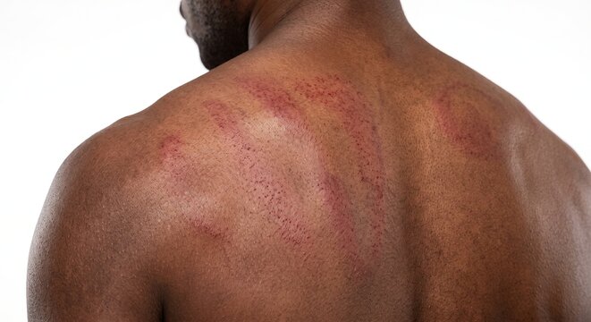 Rear view of an African American man showing red inflamed scratch marks on back