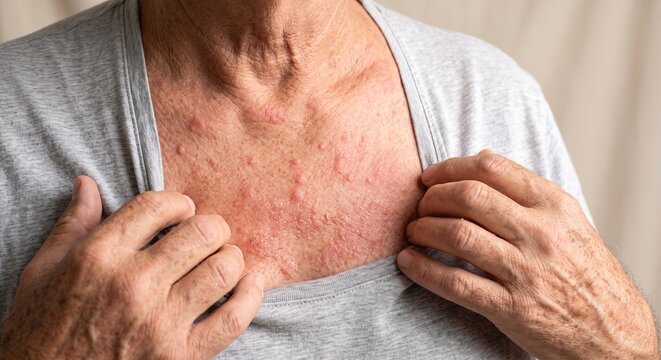 Senior person scratching itchy red allergic skin rash on chest and neck