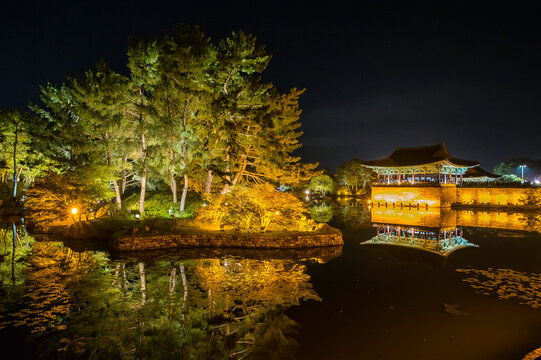 Night view of Donggung Palace and Wolji Pond in Gyeongju, South Korea.