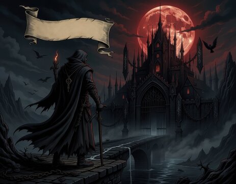 A hooded figure stands on a bridge leading to a dark, ominous gothic castle under a blood red full moon, surrounded by mist and flying bats.