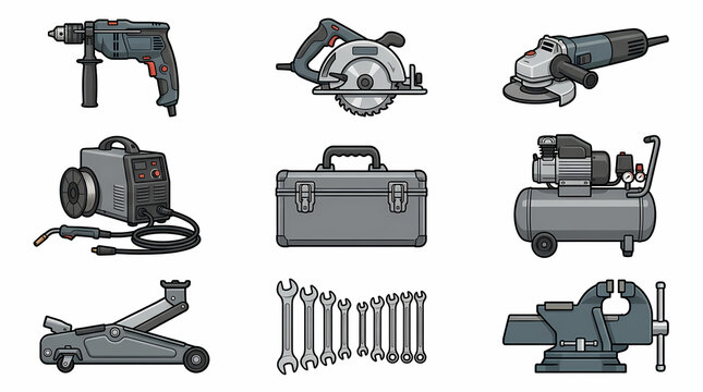 Carpentry and construction tools with circular saw and tool box vector illustration