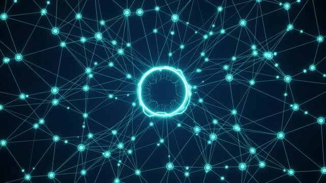 青く光るAIのコアと広がるニューラルネットワーク、ノードがつながるデジタル通信の抽象テクノロジー背景映像