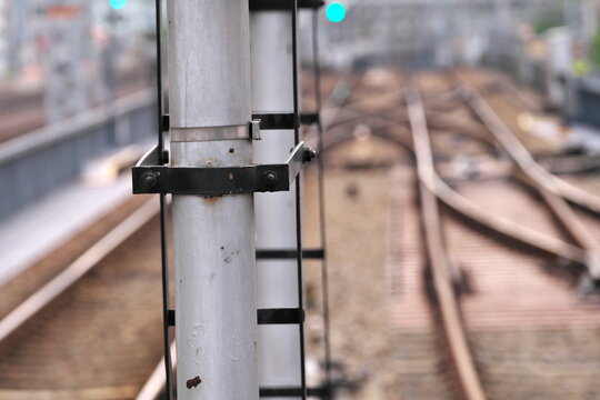 Railway tracks diverging in an urban transportation hub