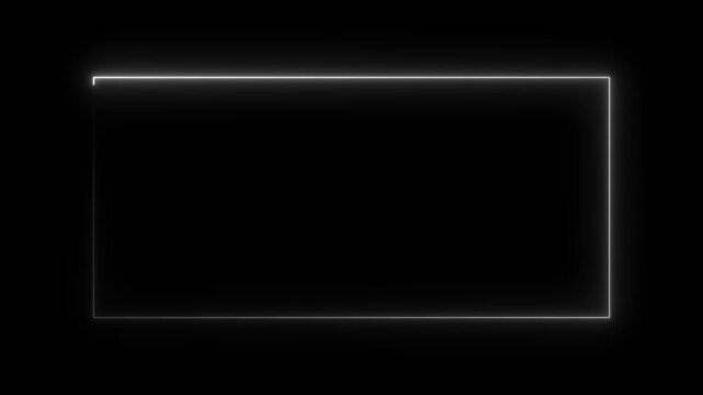 Minimalist white neon glowing rectangular frame border animation on black background, rectangle