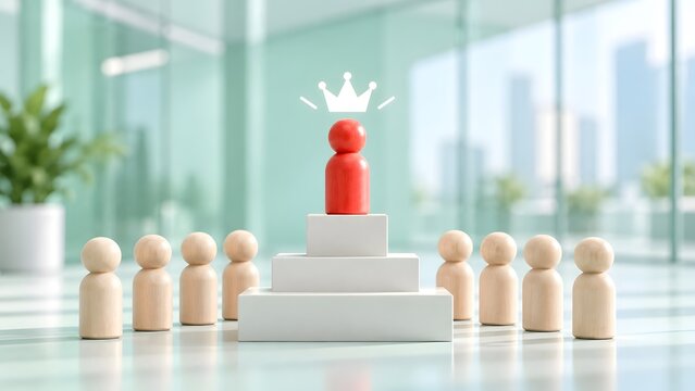 Red wooden figure with a crown on top of a staircase podium representing corporate leadership hierarchy and business success.