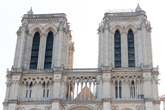Gothic Bell Towers of Notre-Dame de Paris Cathedral During Restoration, Famous Landmark in Paris, France