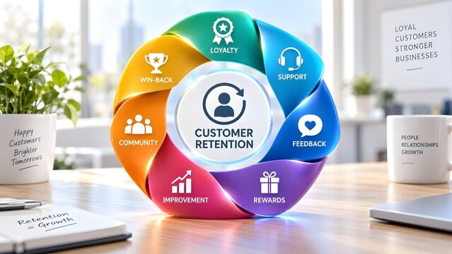 Circular customer retention cycle diagram on a desk with colorful interconnected sections representing loyalty and business growth.