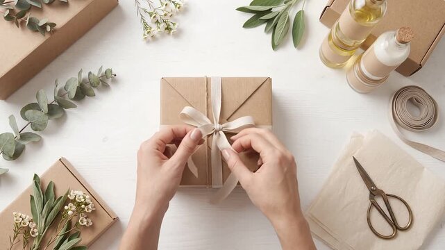 Hands Wrapping Gift Box with Ribbon for Present Packaging Flat Lay