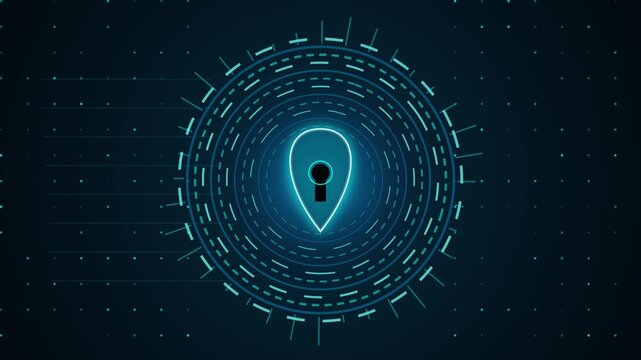 Futuristic digital security map pin lock HUD animation on dark blue grid background with glowing loop