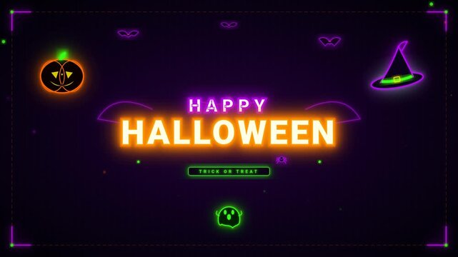 Happy Halloween Neon Animation with Witch Hat, Pumpkin, Bats and Ghost