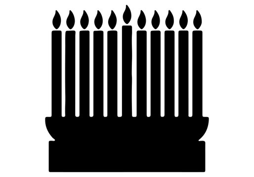 Black silhouette icon of an eleven candle candelabra with lit flames on a base isolated on white background menorah silhouette burning candles candle holder candle flame light silhouette