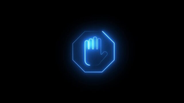 Glowing blue neon stop hand icon inside octagonal sign frame for security access control, warning alert, block action, privacy