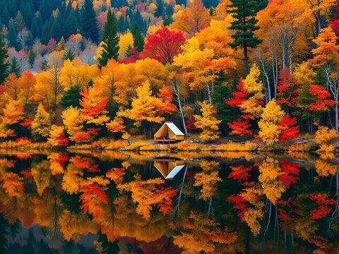 A serene autumn forest with a camping tent nestled among vibrant fall foliage, reflected perfectly in the calm lake surface, trees, forest
