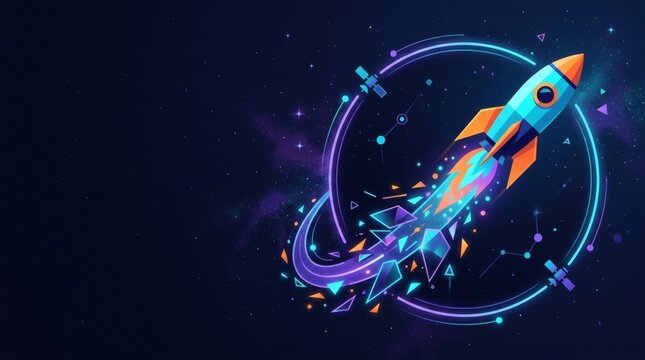 Neon space rocket illustration with vibrant blue and orange cosmic elements for futuristic travel or launch concepts.