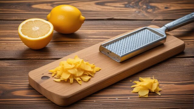 Zester on wooden cutting board with grated lemon zest