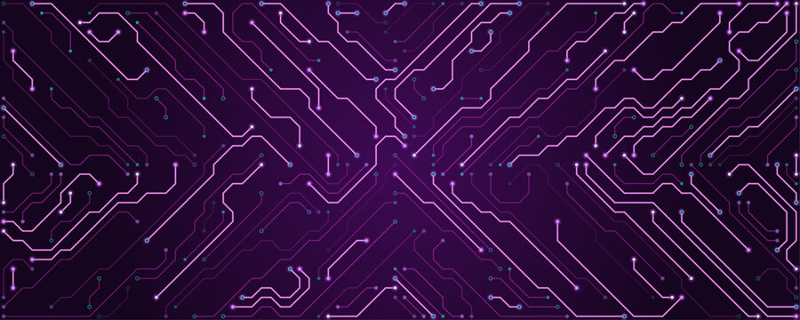 Intricate purple circuit board pattern with glowing pathways and electronic connections, forming a symmetrical digital network background, technology concepts, computing, and data systems