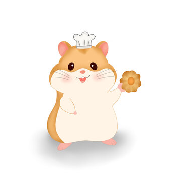 Cute chef hamster holding a cookie vector illustration isolated on white background