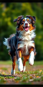 Energetic Australian Shepherd in full stride, paws barely touching ground, fur flying back, dog, dynamic motion