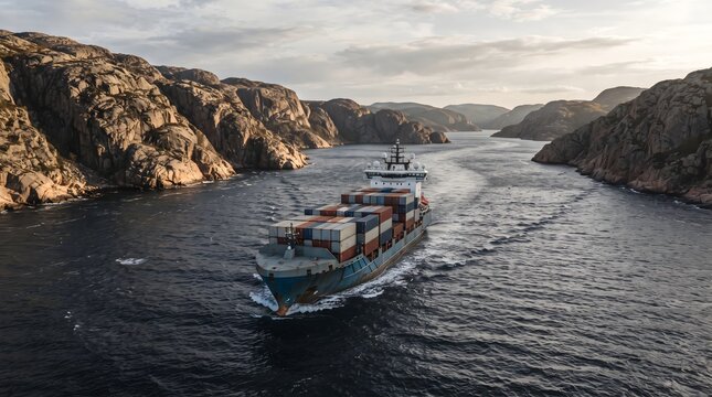 Large cargo ship carrying containers navigates through a narrow fjord