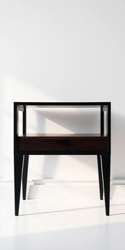 Mid-century modern side table with sleek black legs standing against a crisp white wall, creating a striking contrast, simple yet elegant, interior design inspiration
