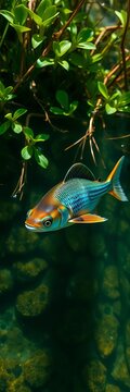Malma char swimming in a freshwater environment, surrounded by lush vegetation, calm water, nature scene